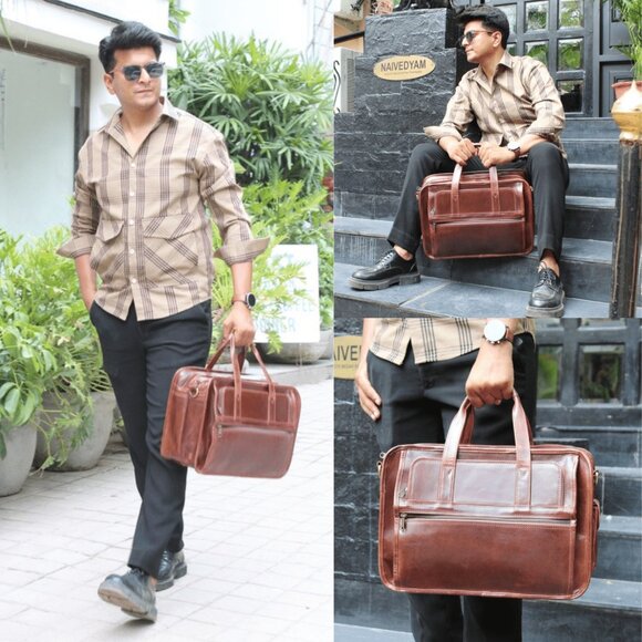 Genuine Leather Laptop Bag, Satchel Bag, Brown - Picture 1 of 16